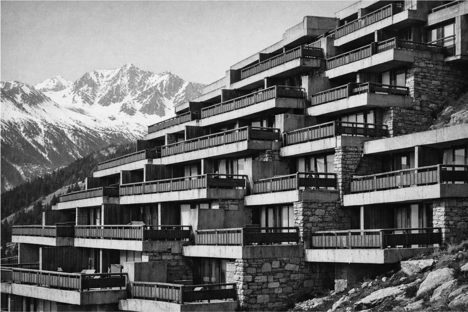 Charlotte Perriand Les Arcs La Cascade building modernist alpine architecture stepped facade mountain landscape