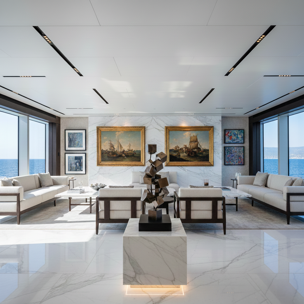 Sophisticated superyacht interior featuring contemporary art installation