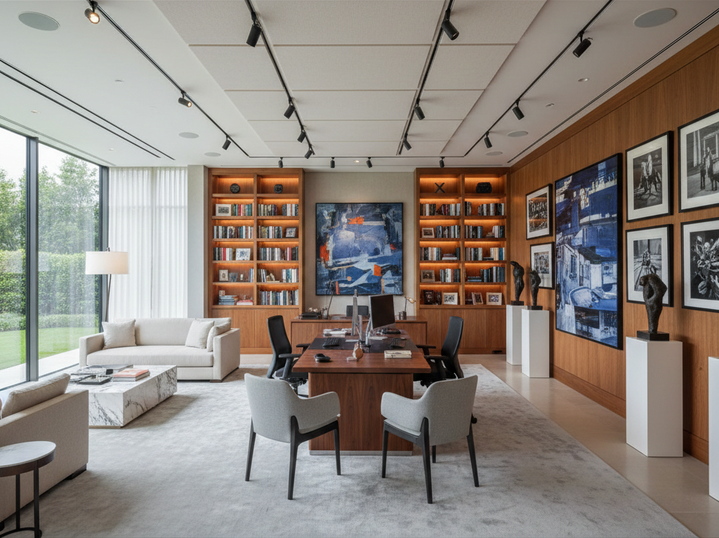Complete luxury home office design integrating museum-quality art collection with professional productivity workspace