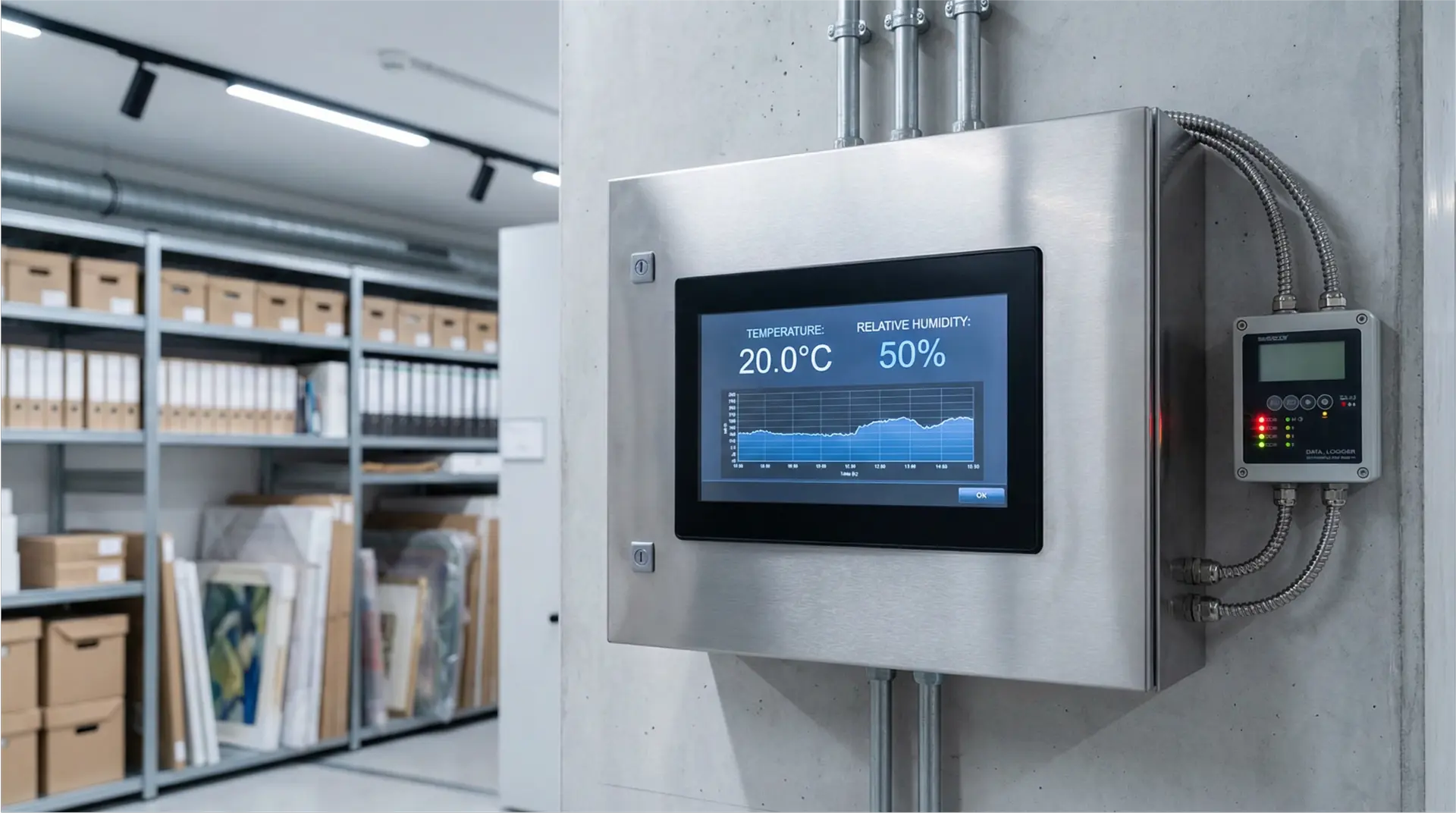 Art storage climate monitoring temperature humidity sensors data logging environmental control system
