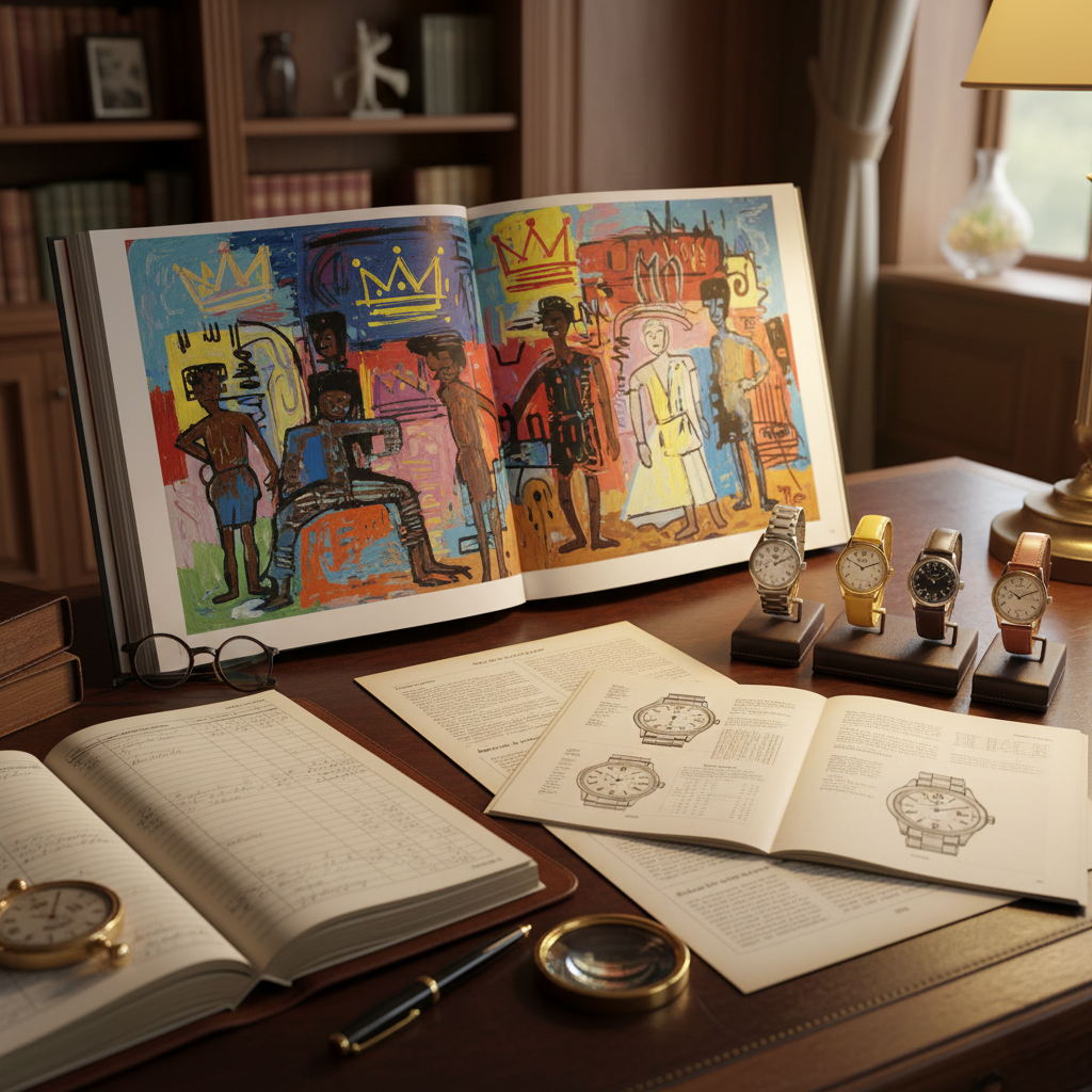 Art and watch investment research materials in a collector's study