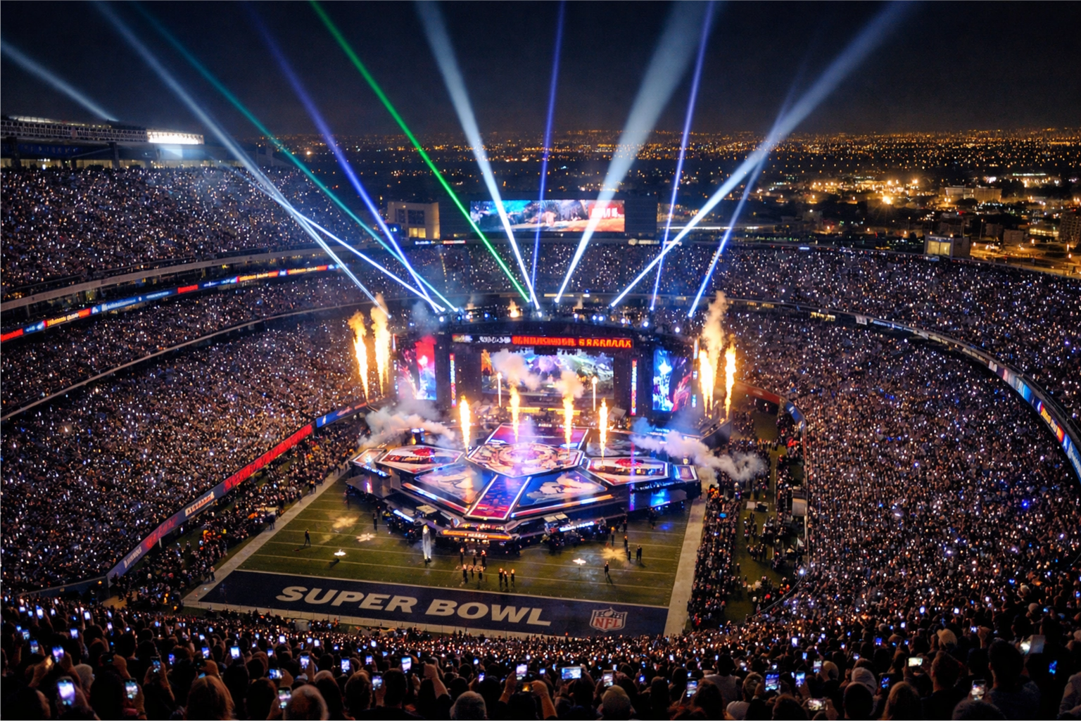 Super Bowl halftime show production design aerial view showing cultural spectacle and performance art scale