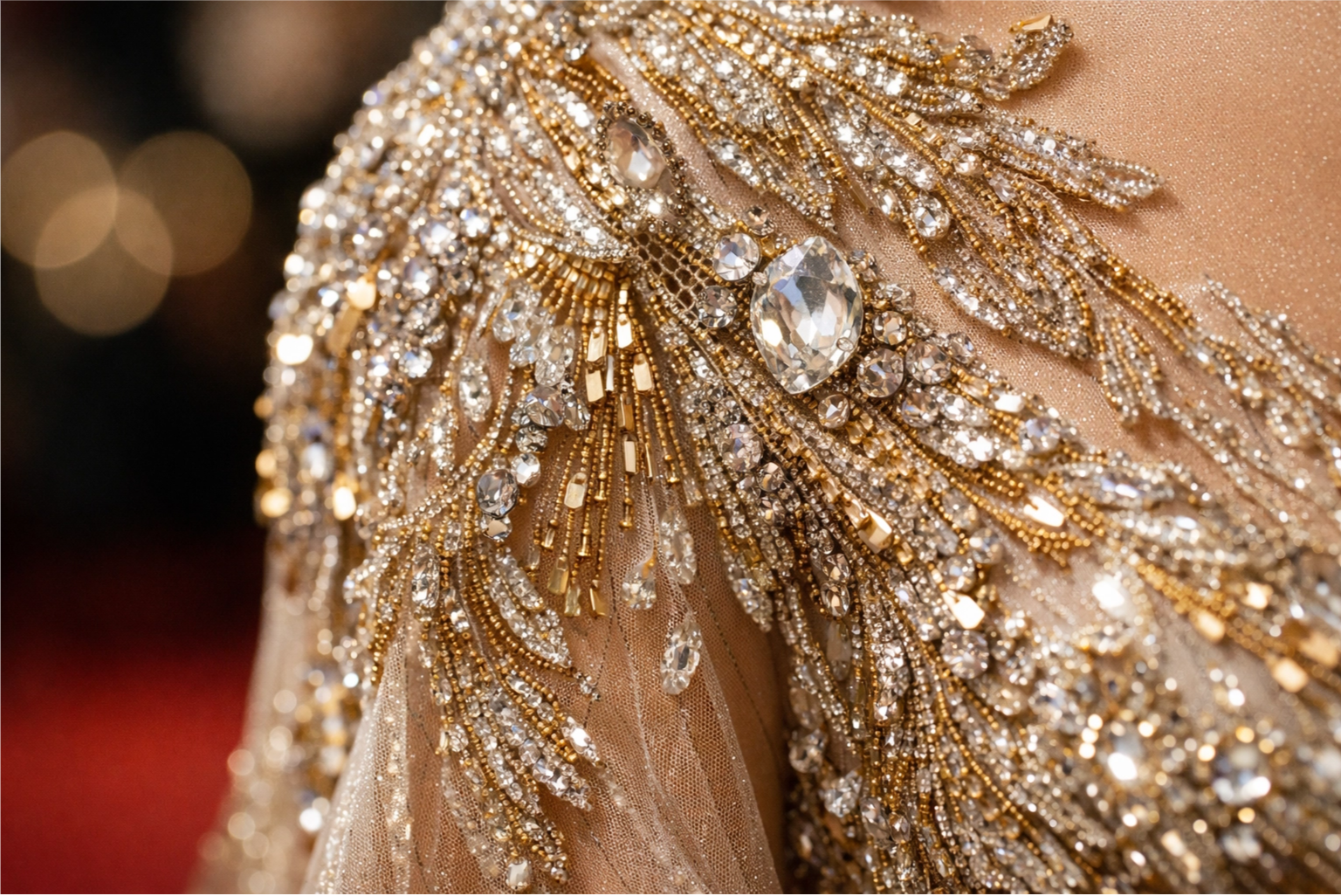 Golden Globes 2025 fashion detail showing haute couture craftsmanship and metallic embellishments