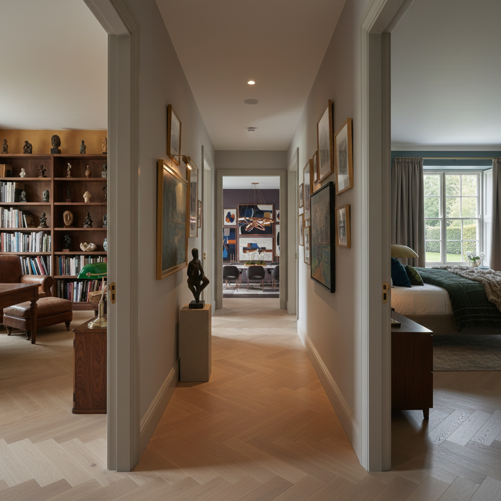 Luxury home interior showing coordinated color palette across rooms with art collection