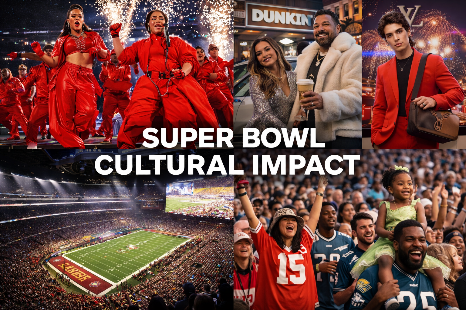Super Bowl cultural spectacle showing performance art, luxury branding, and mass audience engagement across diverse demographics