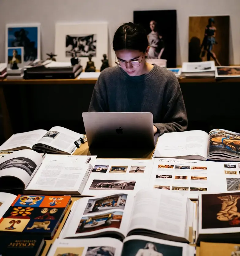 Beginning art collector researching artists and markets with auction catalogs and art publications