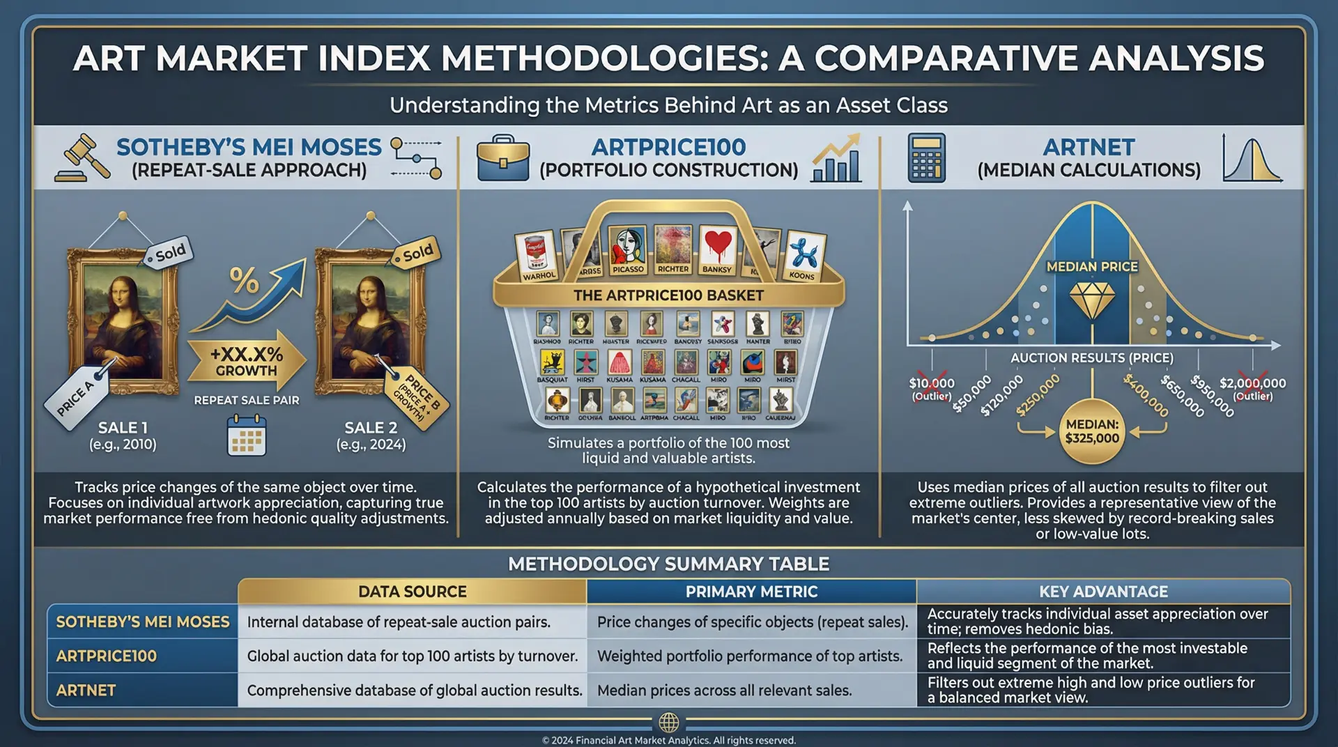Art market index methodology comparison Mei Moses Artprice Artnet methodology explained