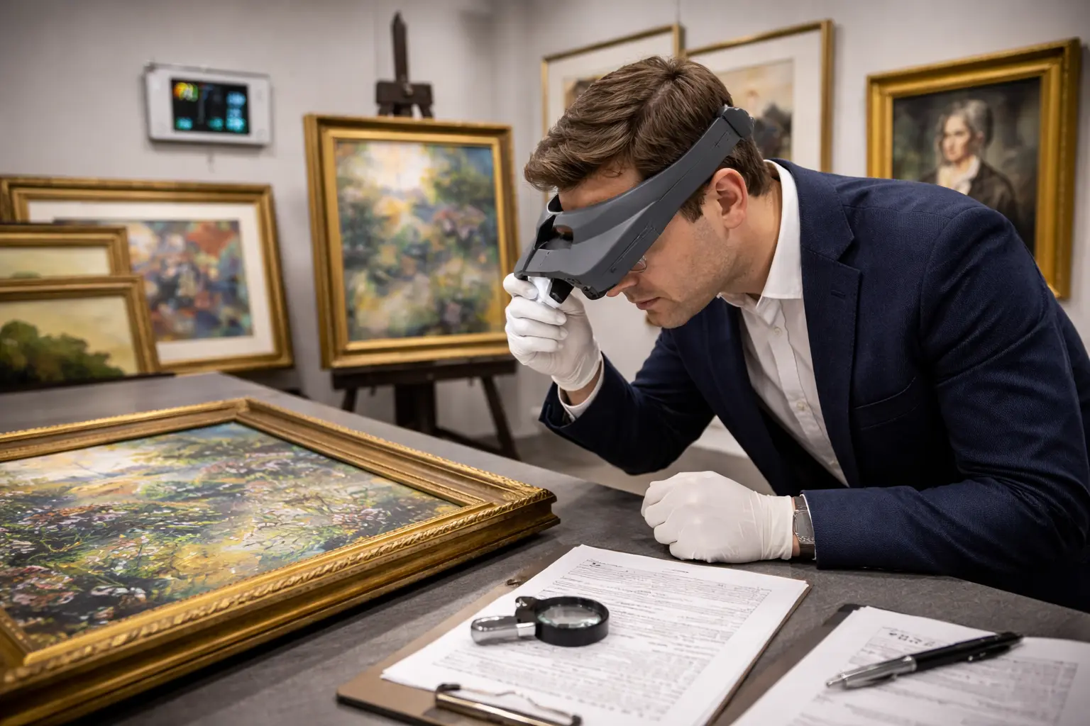 Art appraiser examining painting professional appraisal insurance valuation documentation