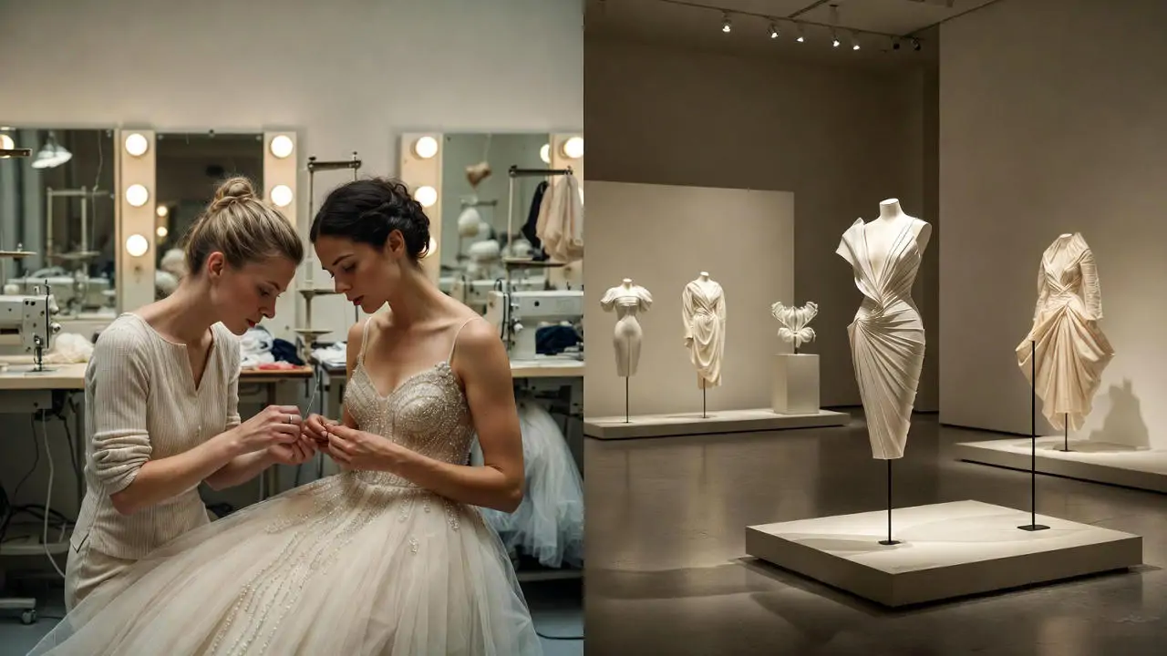 Split composition showing a haute couture atelier with artisans hand-beading a gown alongside a museum gallery displaying sculptural fashion pieces