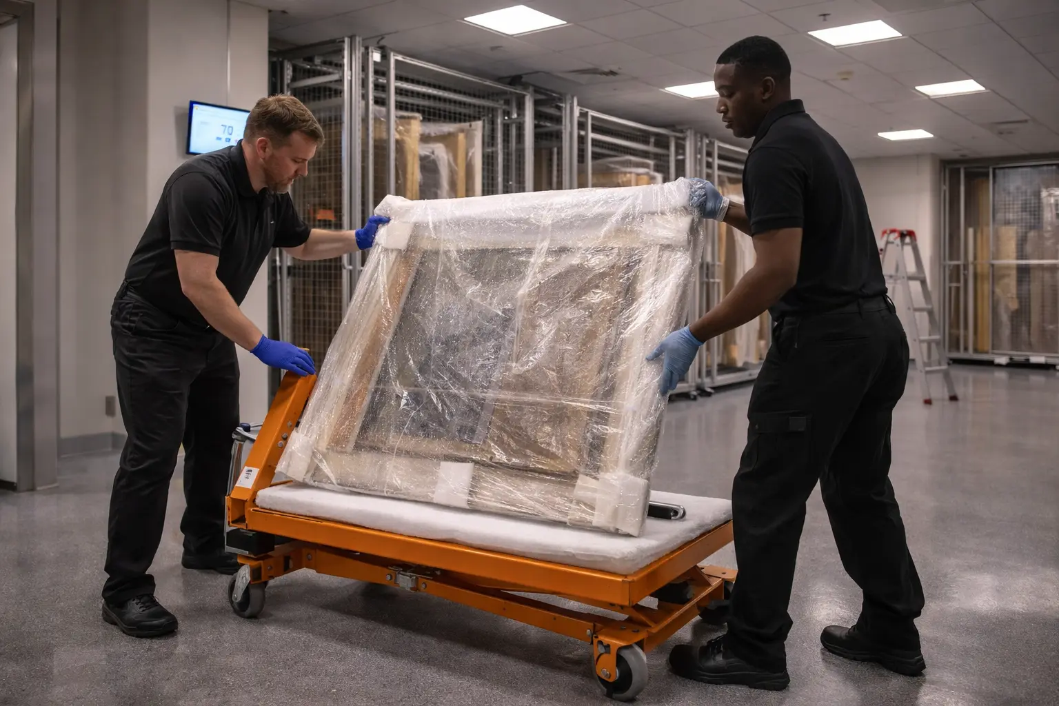 Art handlers professional moving wrapped artwork climate controlled storage facility collection management logistics