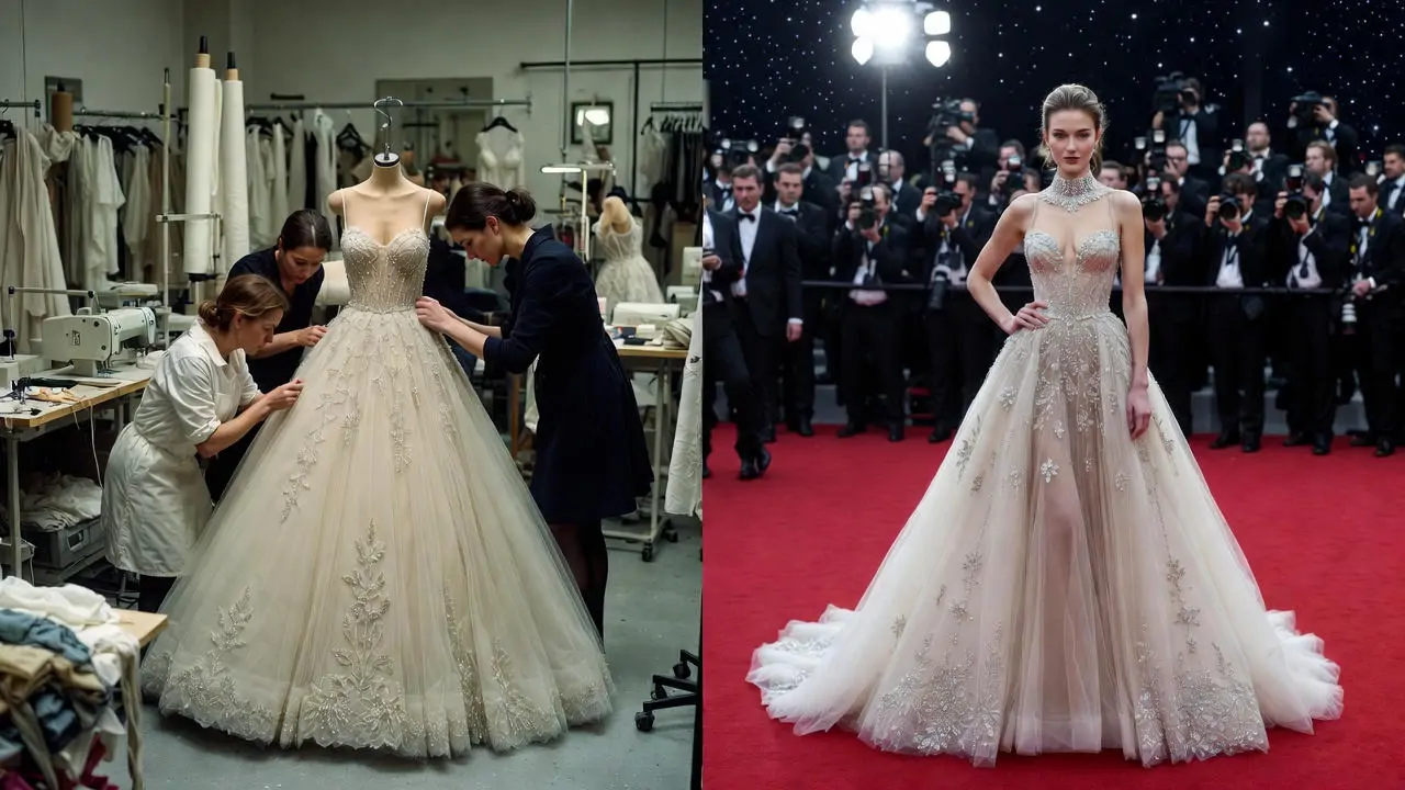 Haute couture creation process for Cannes Film Festival red carpet appearance