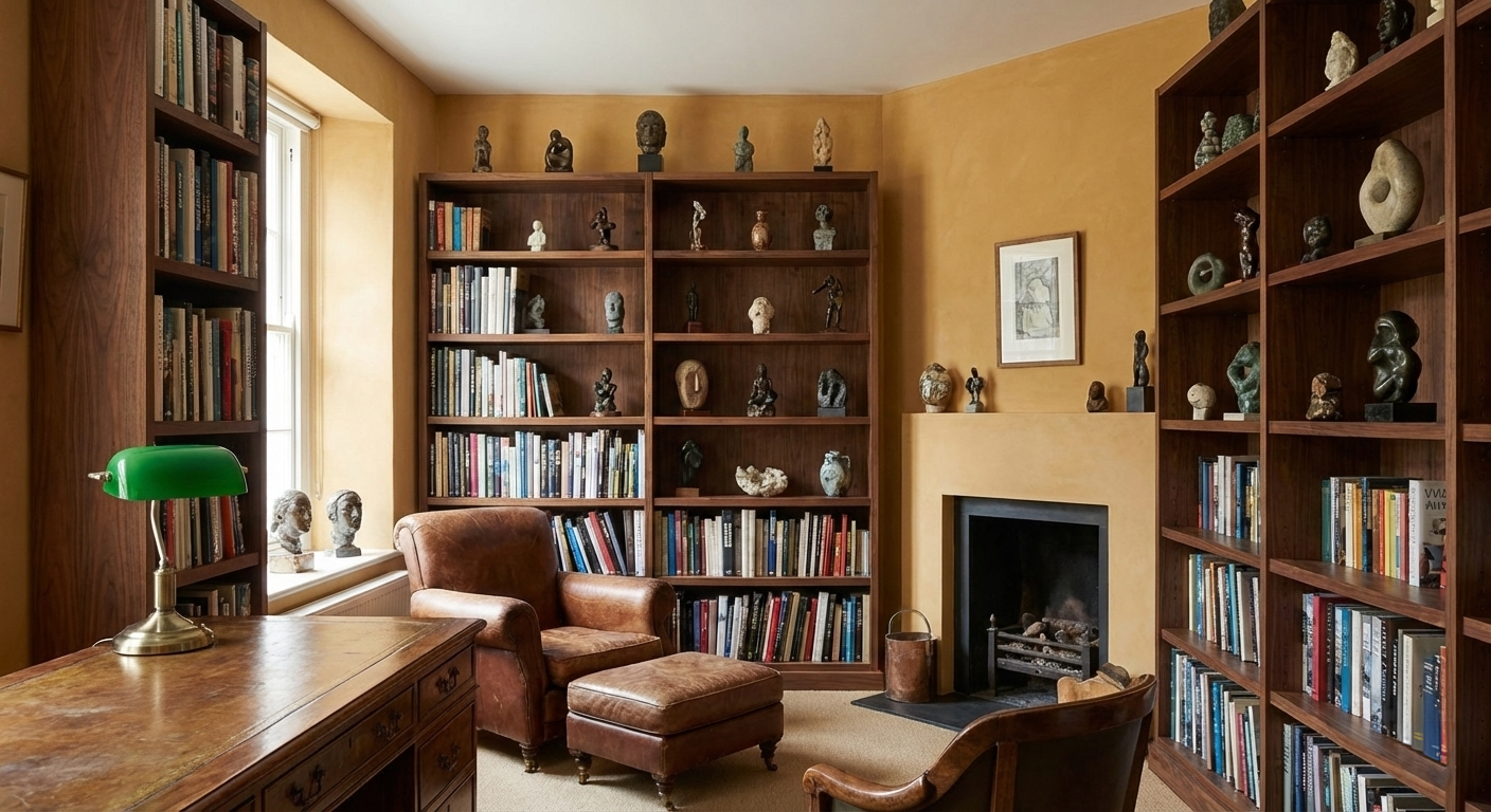 Art collector's study with warm ochre walls, walnut shelving displaying sculpture collection