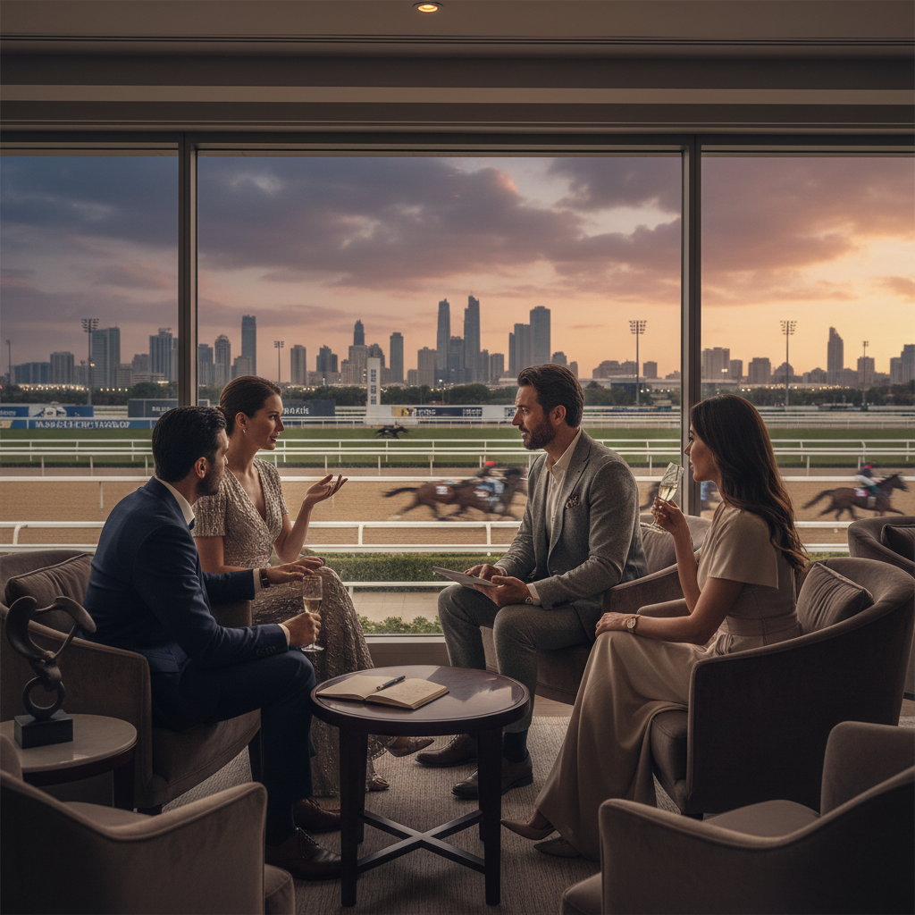 Luxury box at Dubai World Cup with sophisticated collectors networking during racing