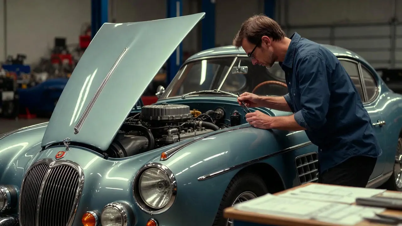Classic car authentication and inspection process with specialist and documentation