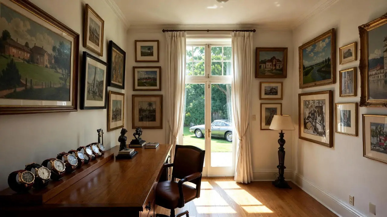Elegant collector's study showing art on walls, vintage watches displayed, classic car visible through the window