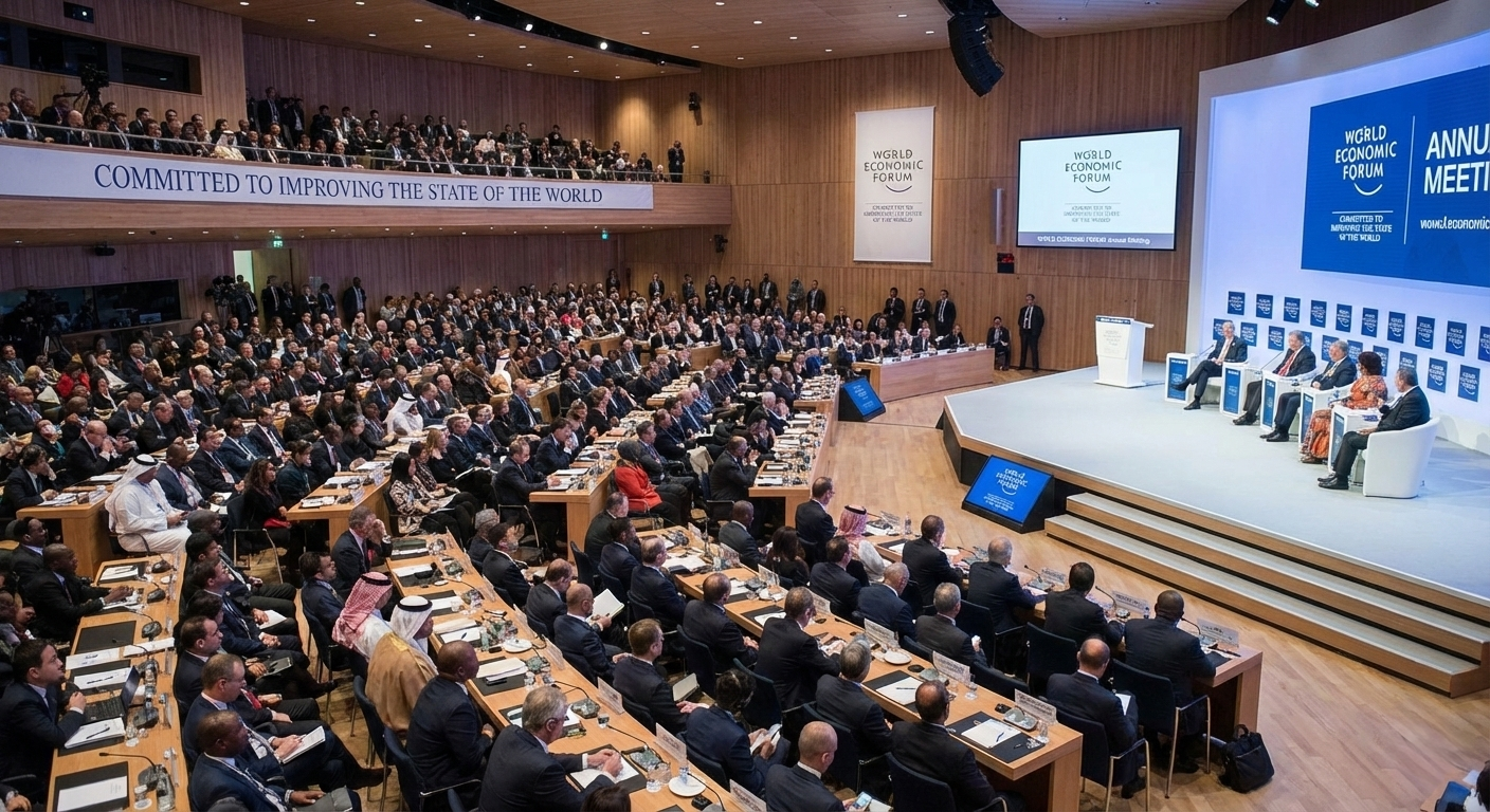 World Economic Forum Davos main session hall with international attendees and speakers