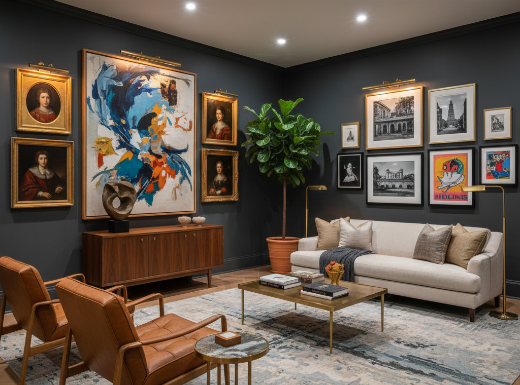 Residential interior with hotel-inspired art curation featuring mixed mediums and scales