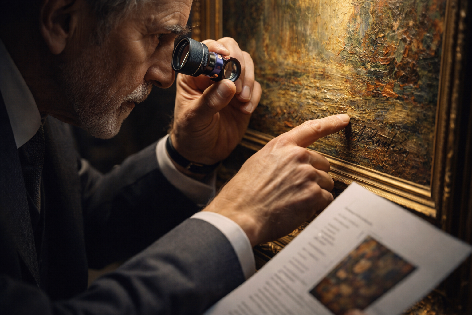 Art collector inspecting artwork condition and authenticity with gallery specialist assistance
