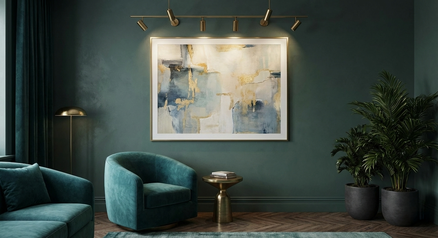 Contemporary abstract painting on dusty emerald walls with brass gallery lighting and velvet seating.
