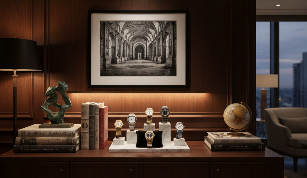 Luxury watch collection displayed with contemporary art in collector's office