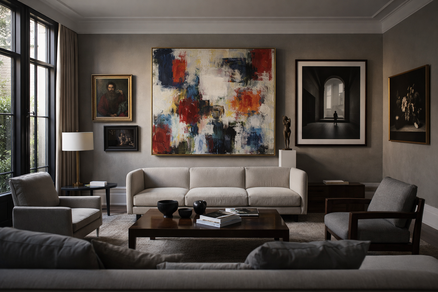 Cohesive art collection displayed in collector's home showing quality works and thoughtful curation