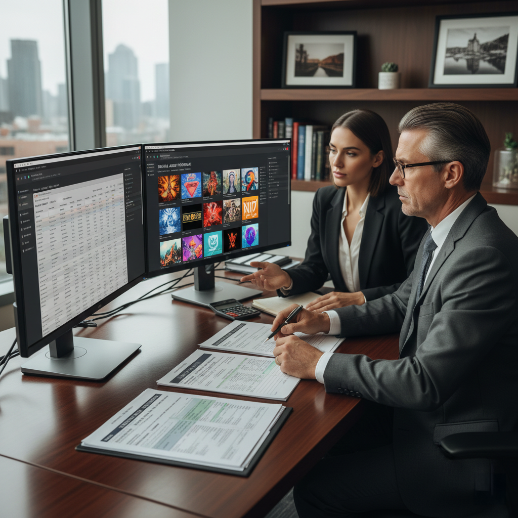 Professional tax advisor consultation showing digital asset portfolio review and tax planning documents for NFT collectors.