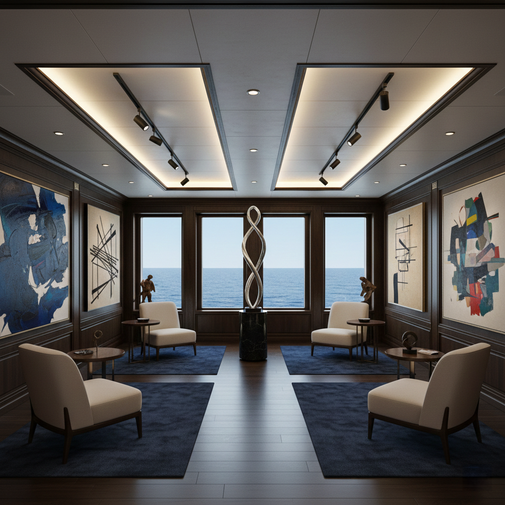 Sophisticated yacht saloon transformed into gallery space