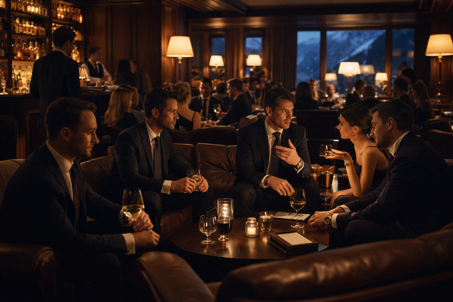 Davos hotel lounge with art collectors and advisors in conversation during WEF