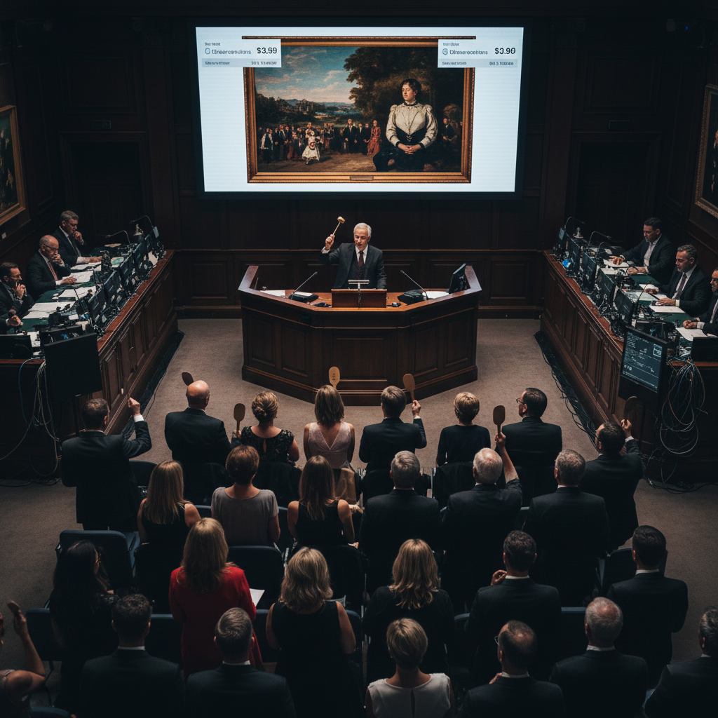 Auction house bidding scene with auctioneer and telephone bidders in action