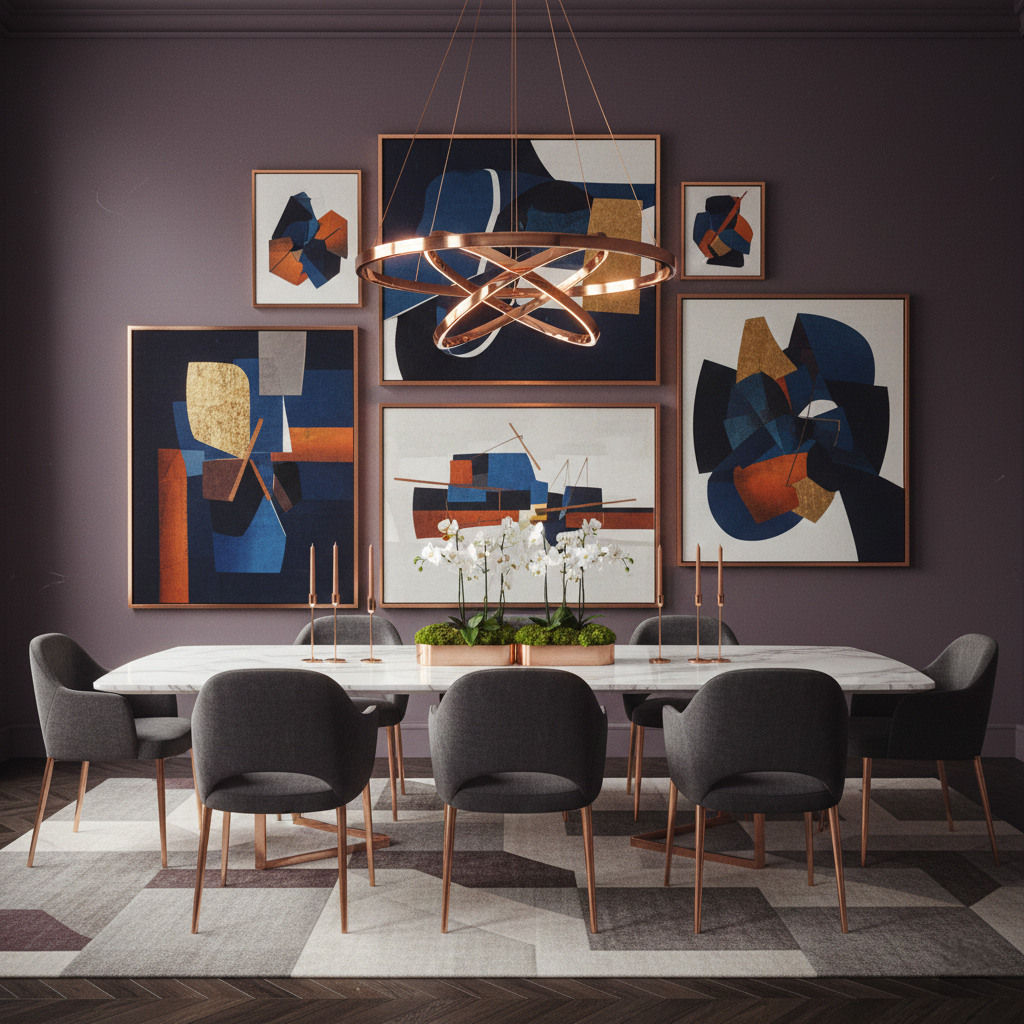 Dining room with deep plum walls, contemporary art, copper lighting fixtures