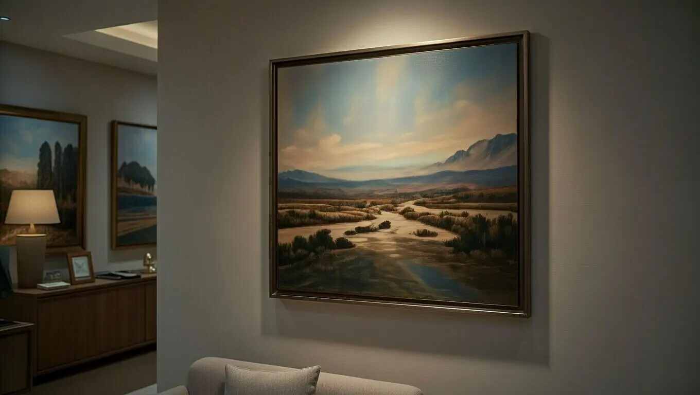 Luxury home office art installation detail showing museum-quality lighting and professional integration