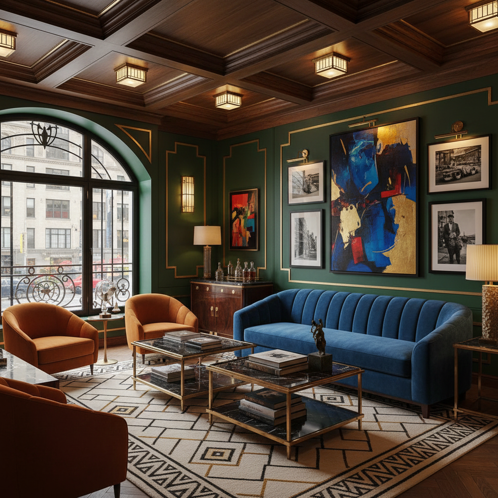 Contemporary art collection displayed in Art Deco interior with geometric details and high ceilings