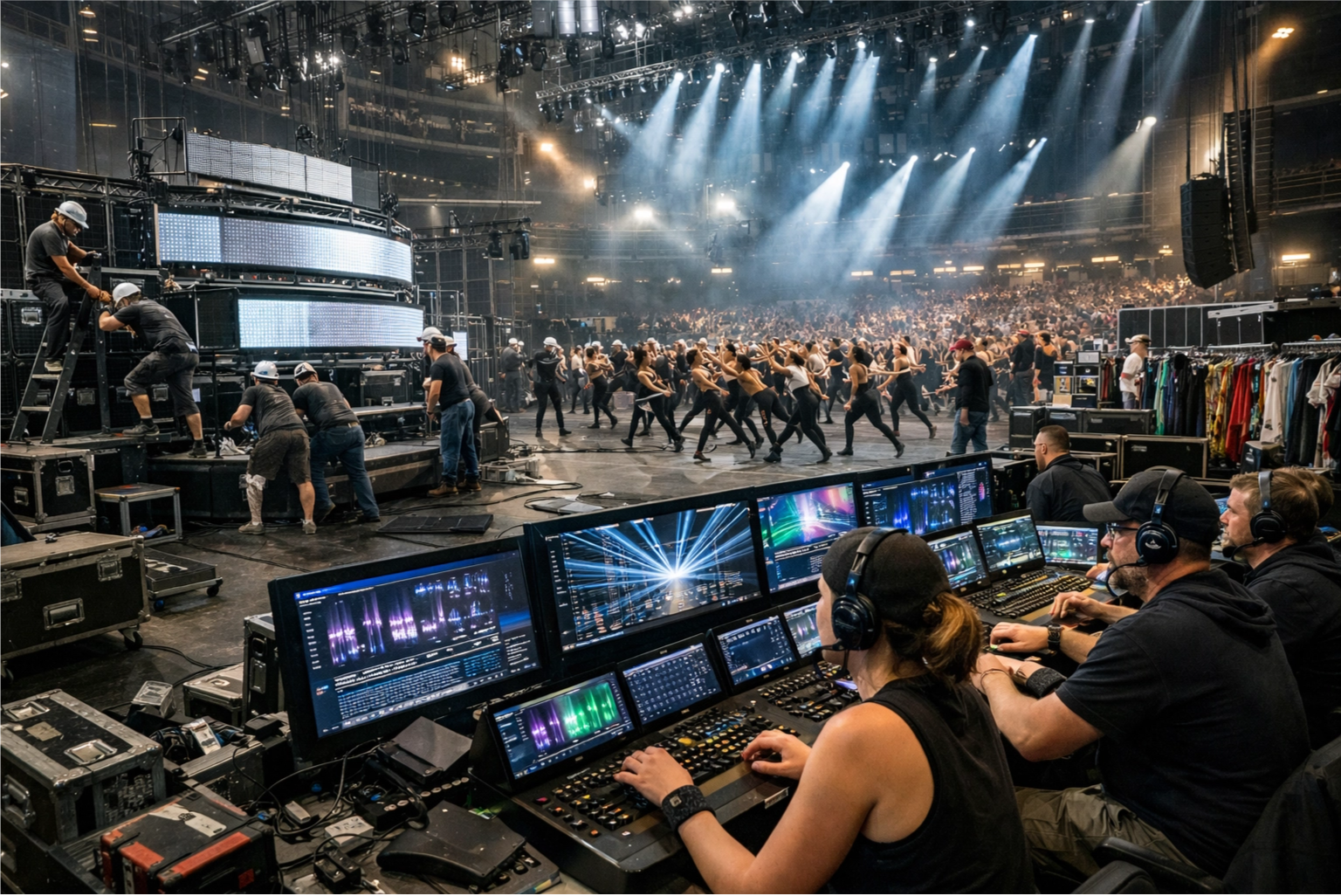 Super Bowl halftime show production design and rehearsal process showing artistic collaboration at massive scale