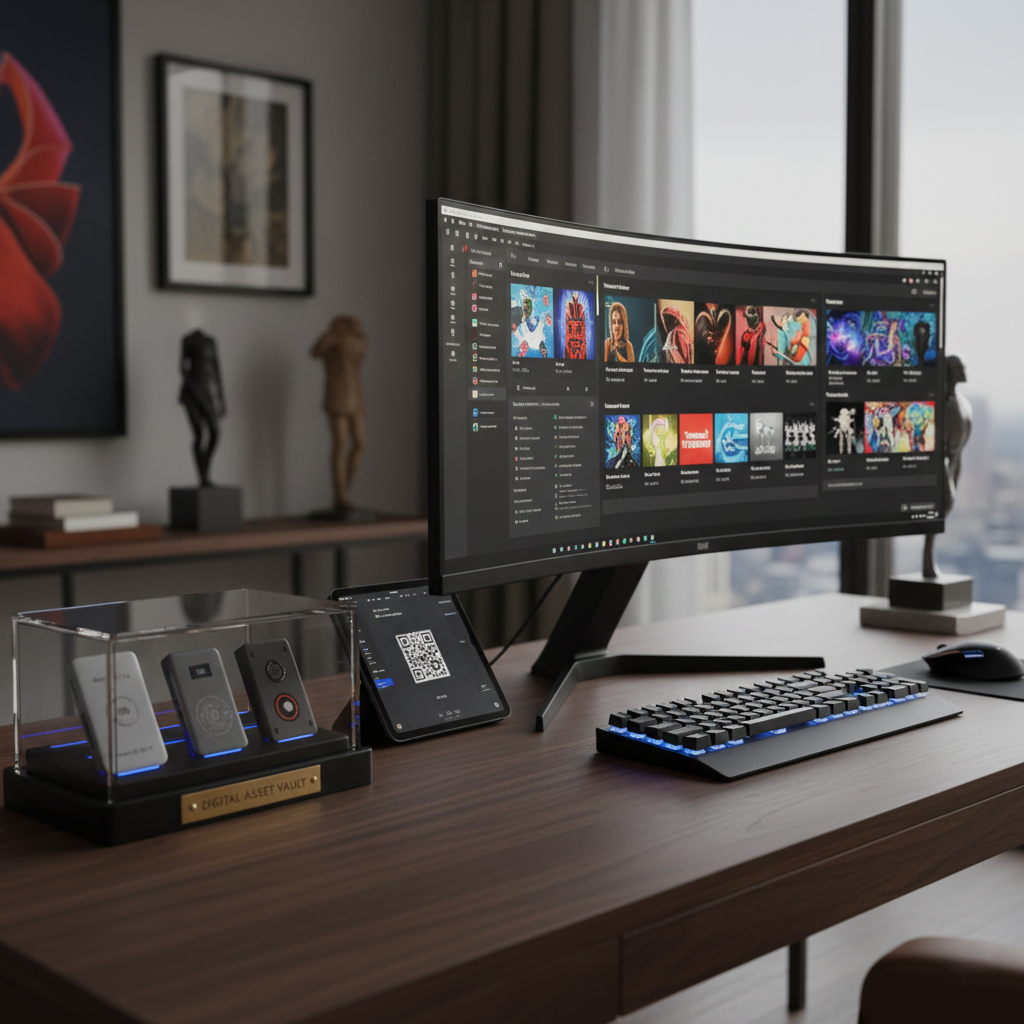 Sleek home office setup showing secure hardware wallet storage and professional digital asset management systems for art collectors