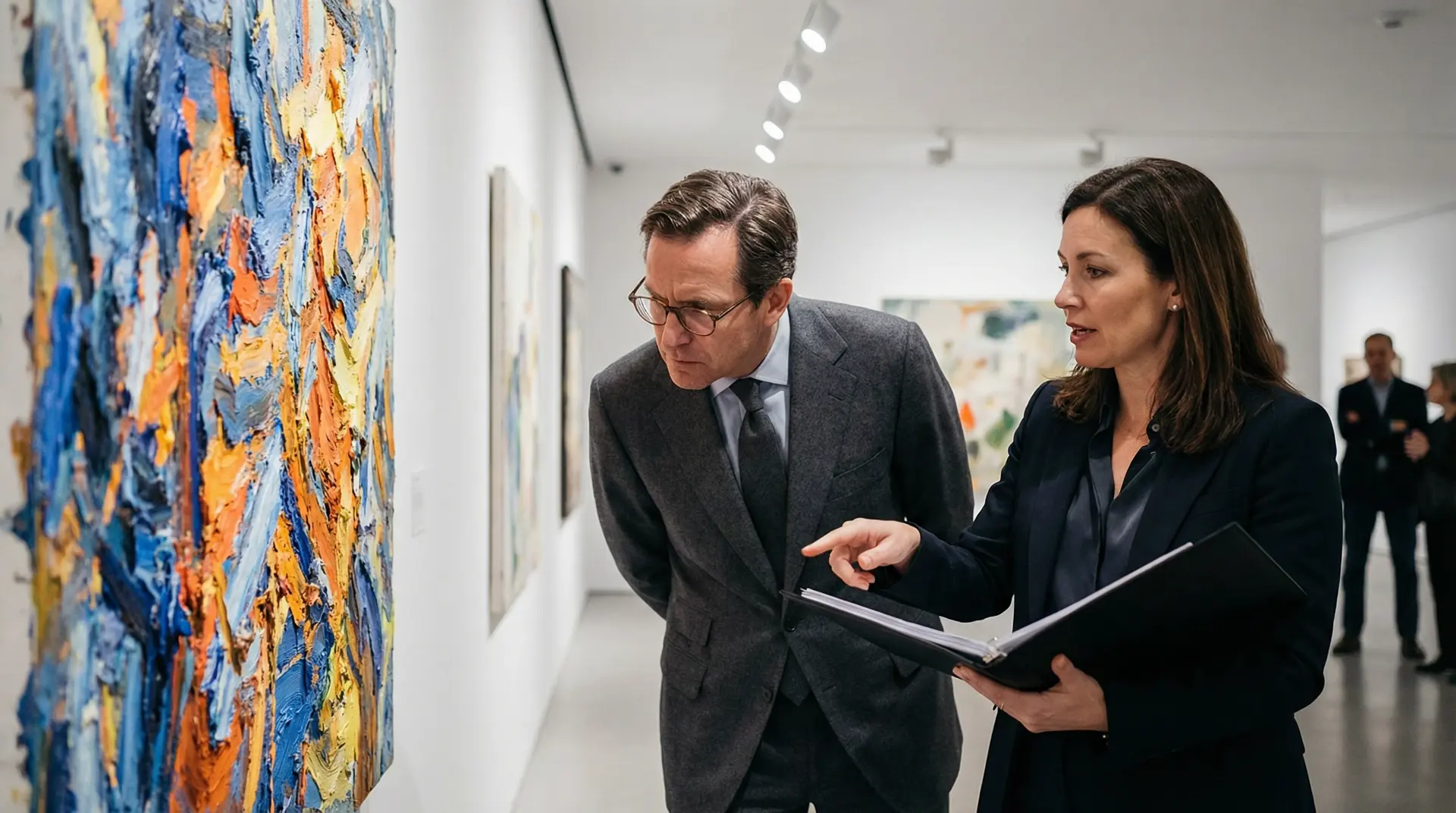 Collector examining emerging artist painting gallery advisor contemporary art collecting 2026