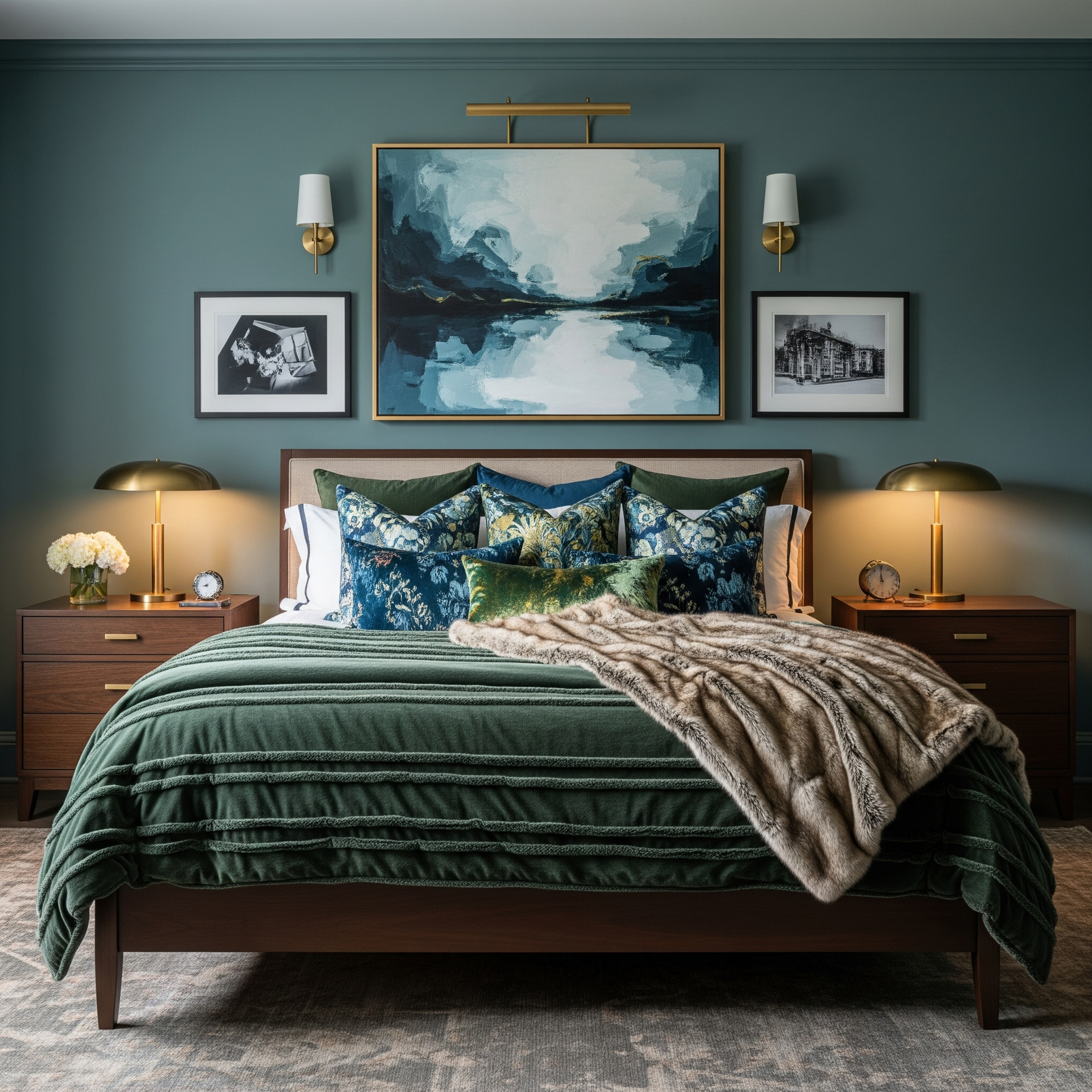 Master bedroom with moody teal walls, contemporary art above bed