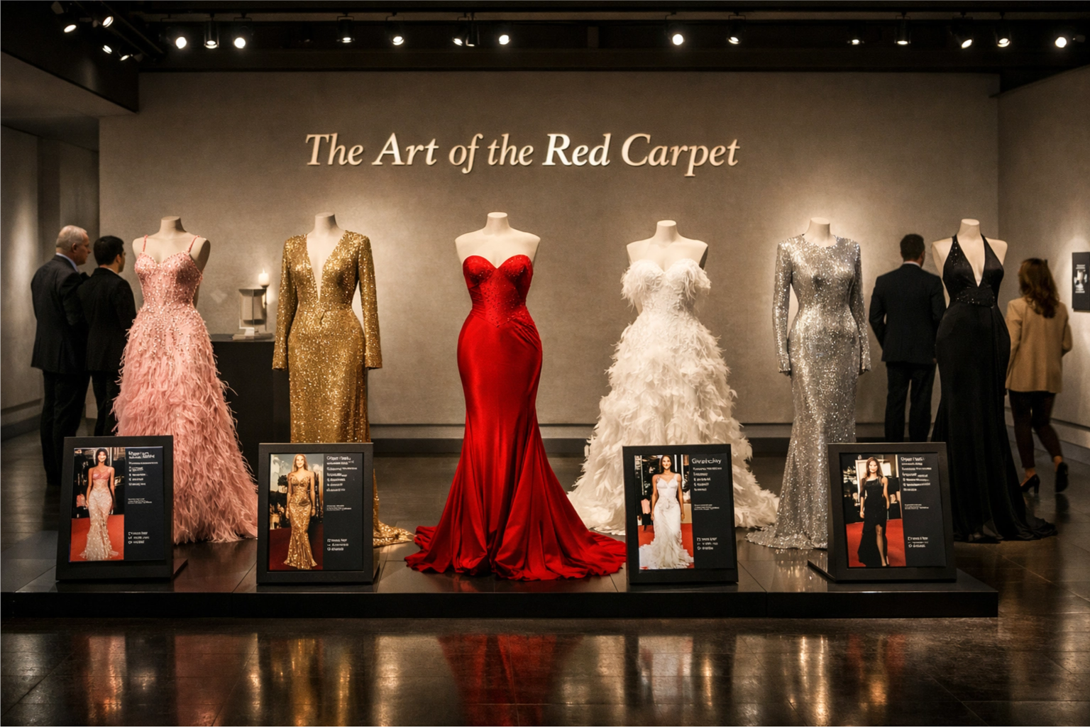 Golden Globes fashion displayed museum-style showing evolution of red carpet fashion as collectible art