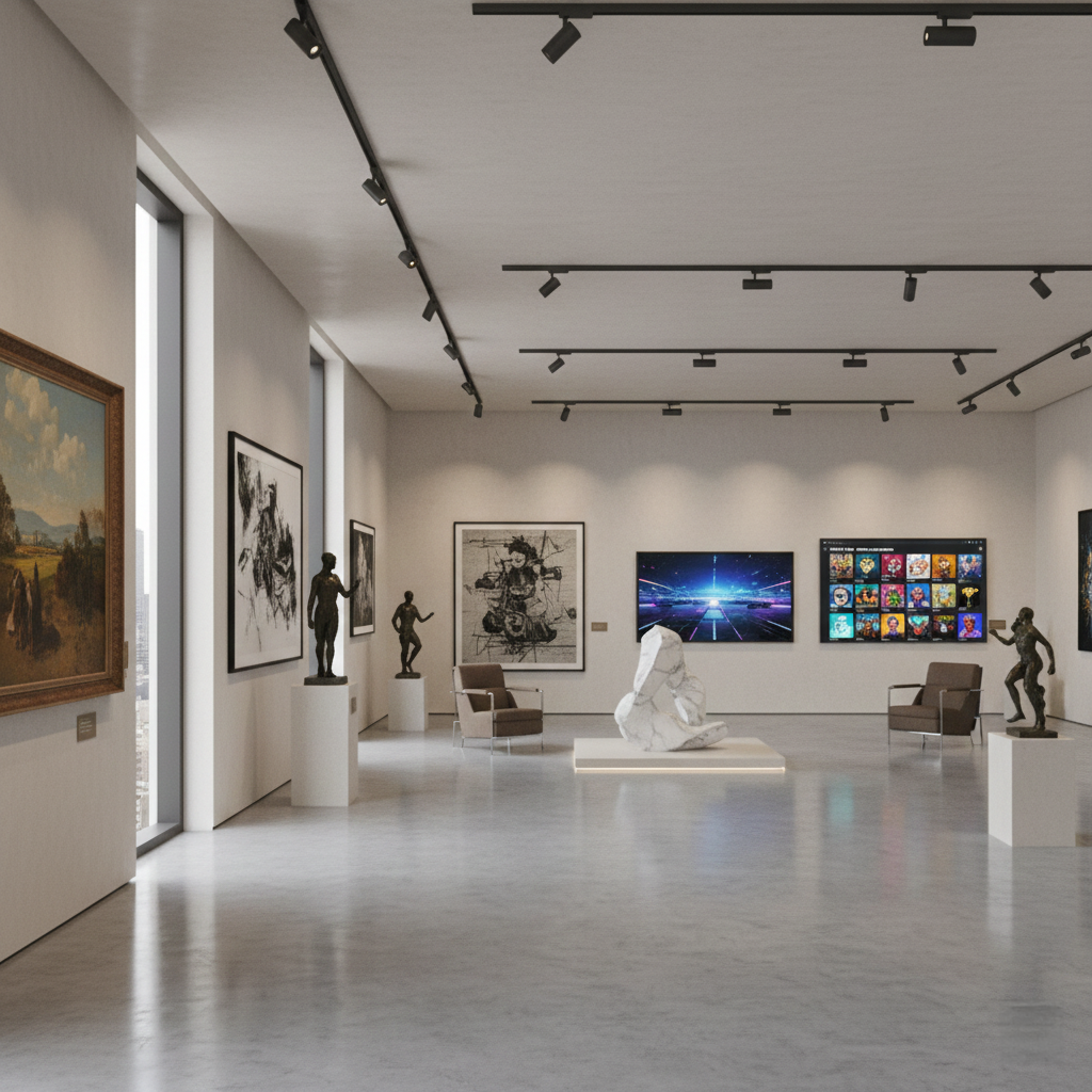 Elegant collector's gallery space showcasing harmonious integration of traditional paintings, sculptures, and sophisticated digital NFT displays.