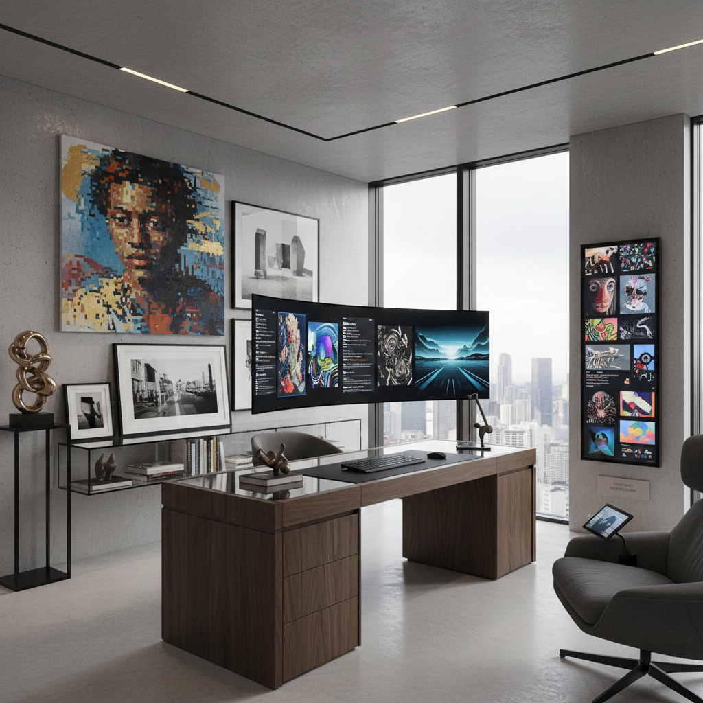 Modern art collector's home office featuring both physical artworks