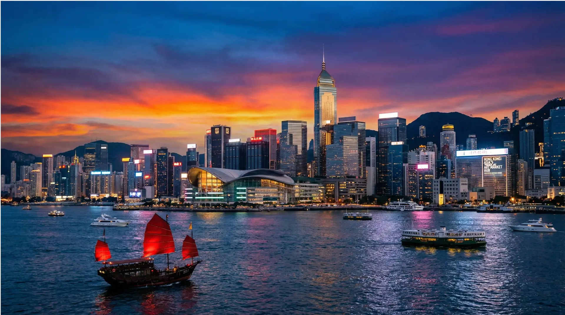 Hong Kong Victoria Harbour skyline dusk Asia art market financial district cultural hub