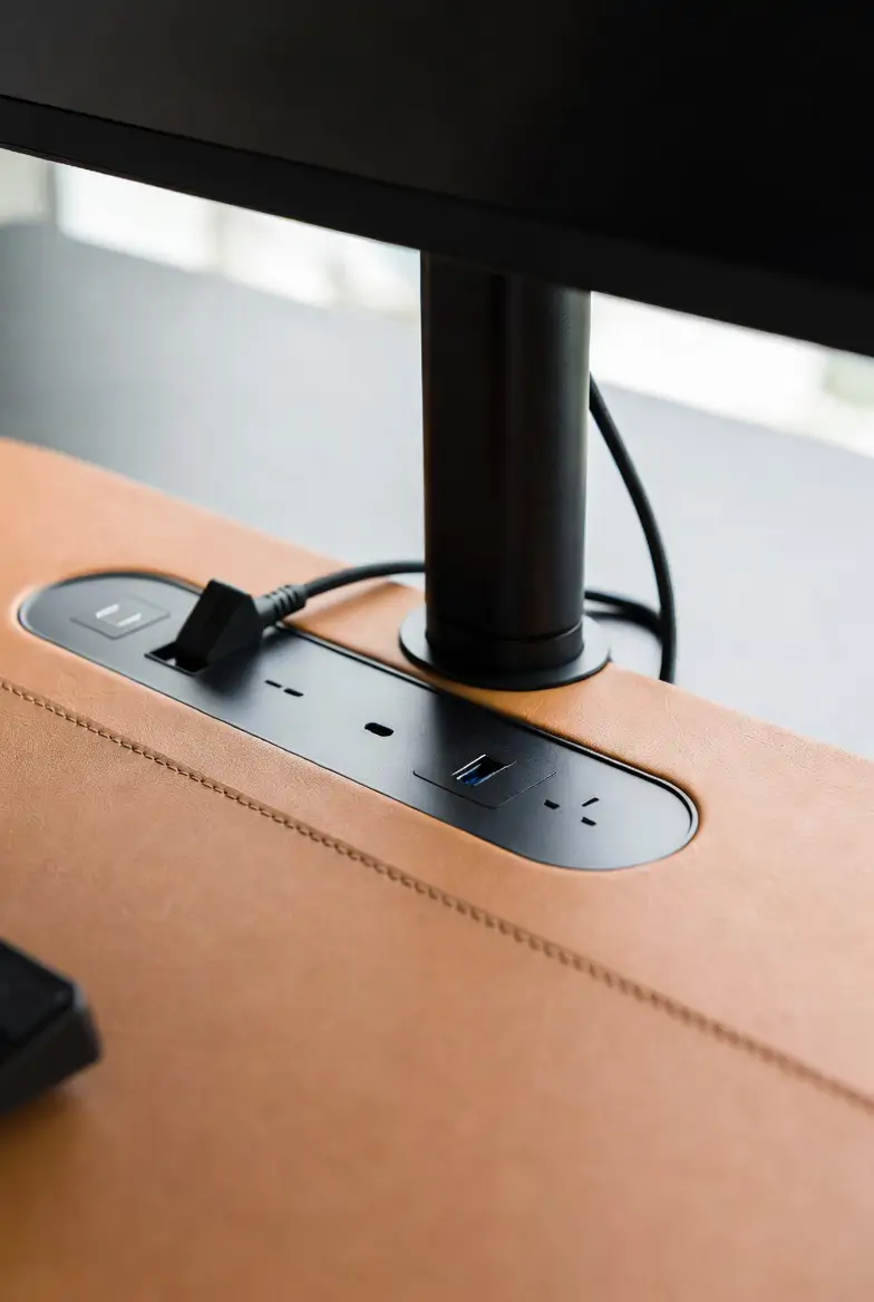 Luxury home office technology integration detail showing professional equipment and cable management with art collection