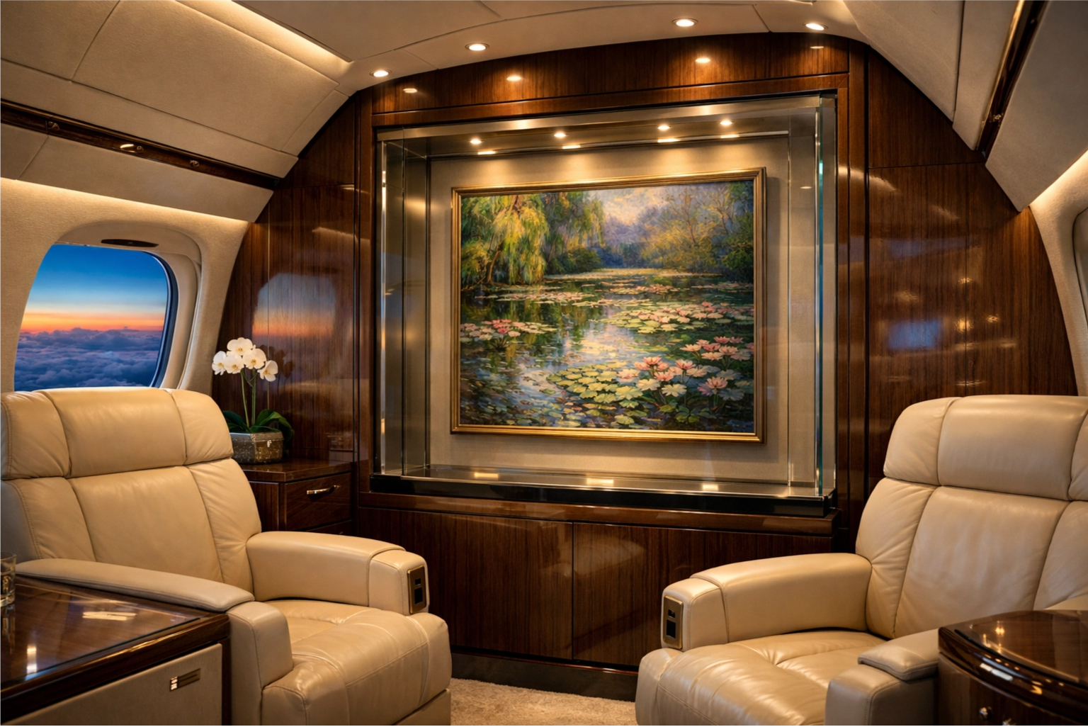 Private jet interior custom art installation showing UHNW collector aviation luxury design