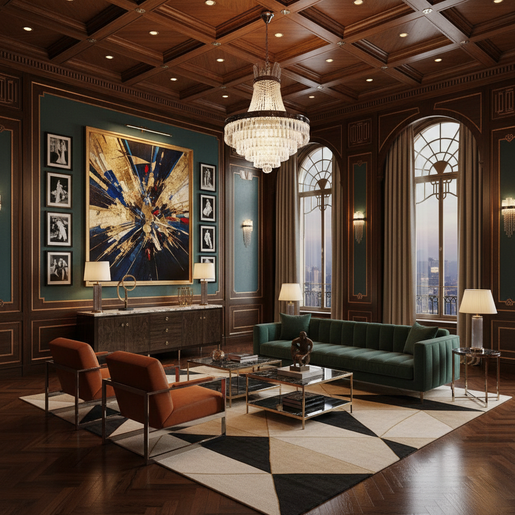 Art Deco residence with contemporary art collection and period furniture creating a cohesive luxury environment