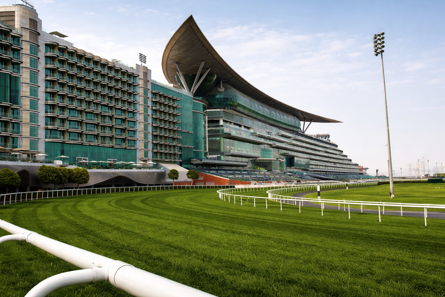 Meydan Racecourse architectural grandstand with luxury viewing areas and Dubai backdrop