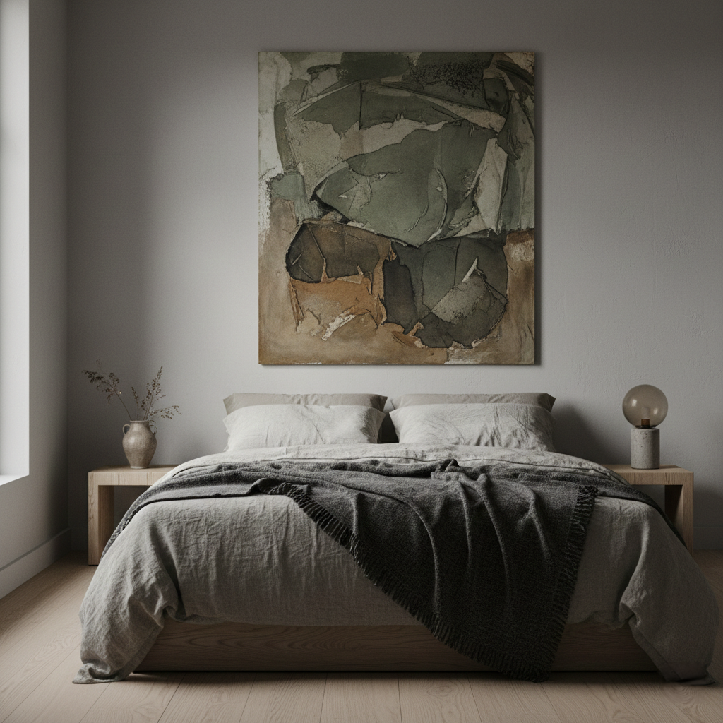 Minimalist luxury bedroom wabi-sabi interior design natural materials single artwork serene space