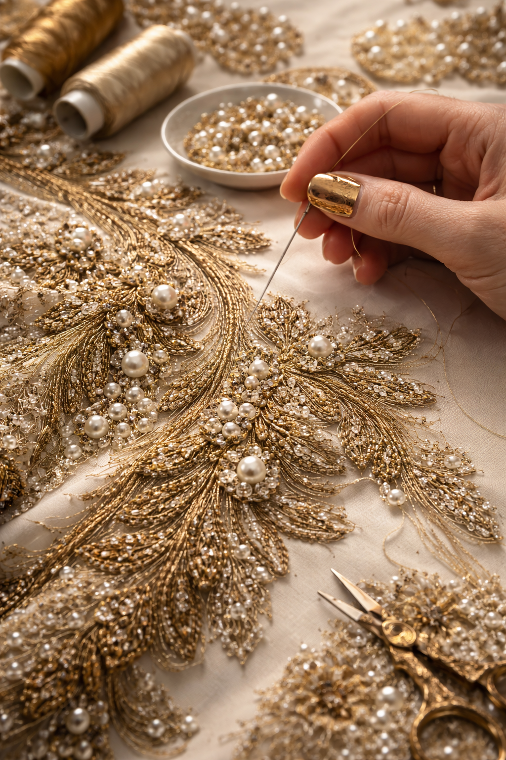 British fashion craftsmanship embroidery detail haute couture textile artistry London designer