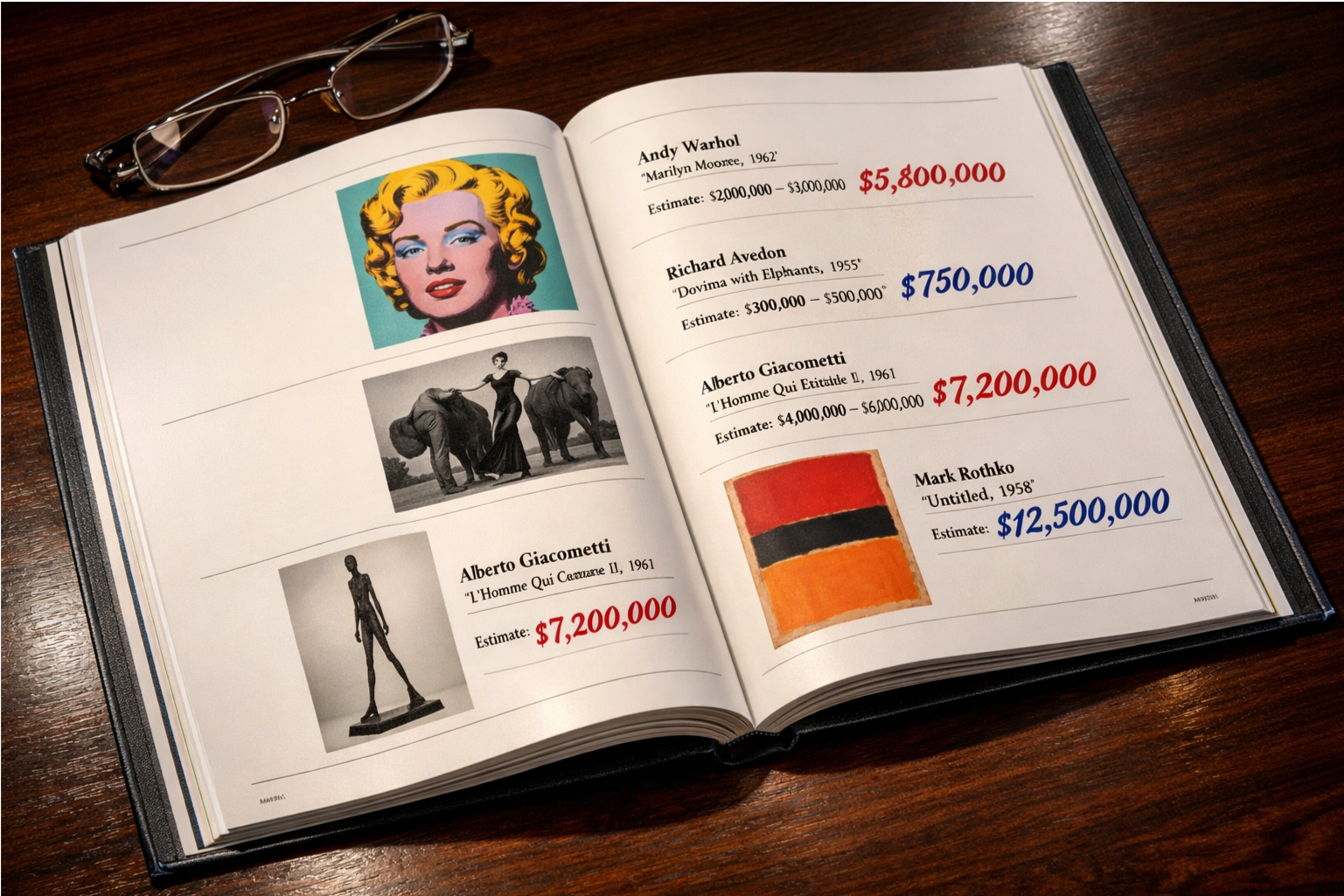 Auction catalog page showing various blue-chip works with estimates and hammer prices