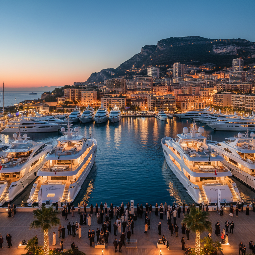 Elegant yacht show atmosphere at dusk with illuminated superyachts, sophisticated attendees networking