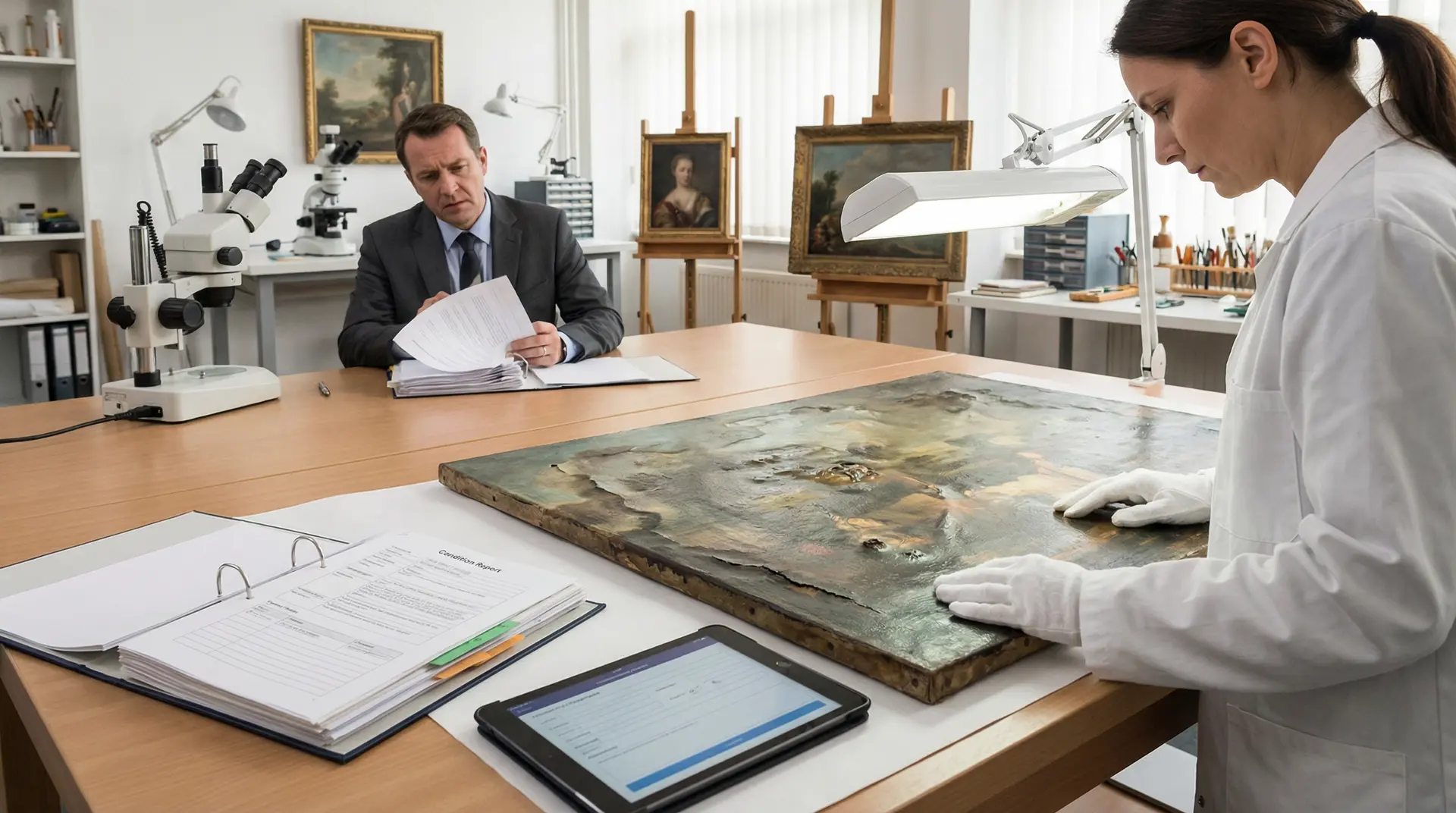 Art conservation damage assessment insurance claim water damage painting restoration