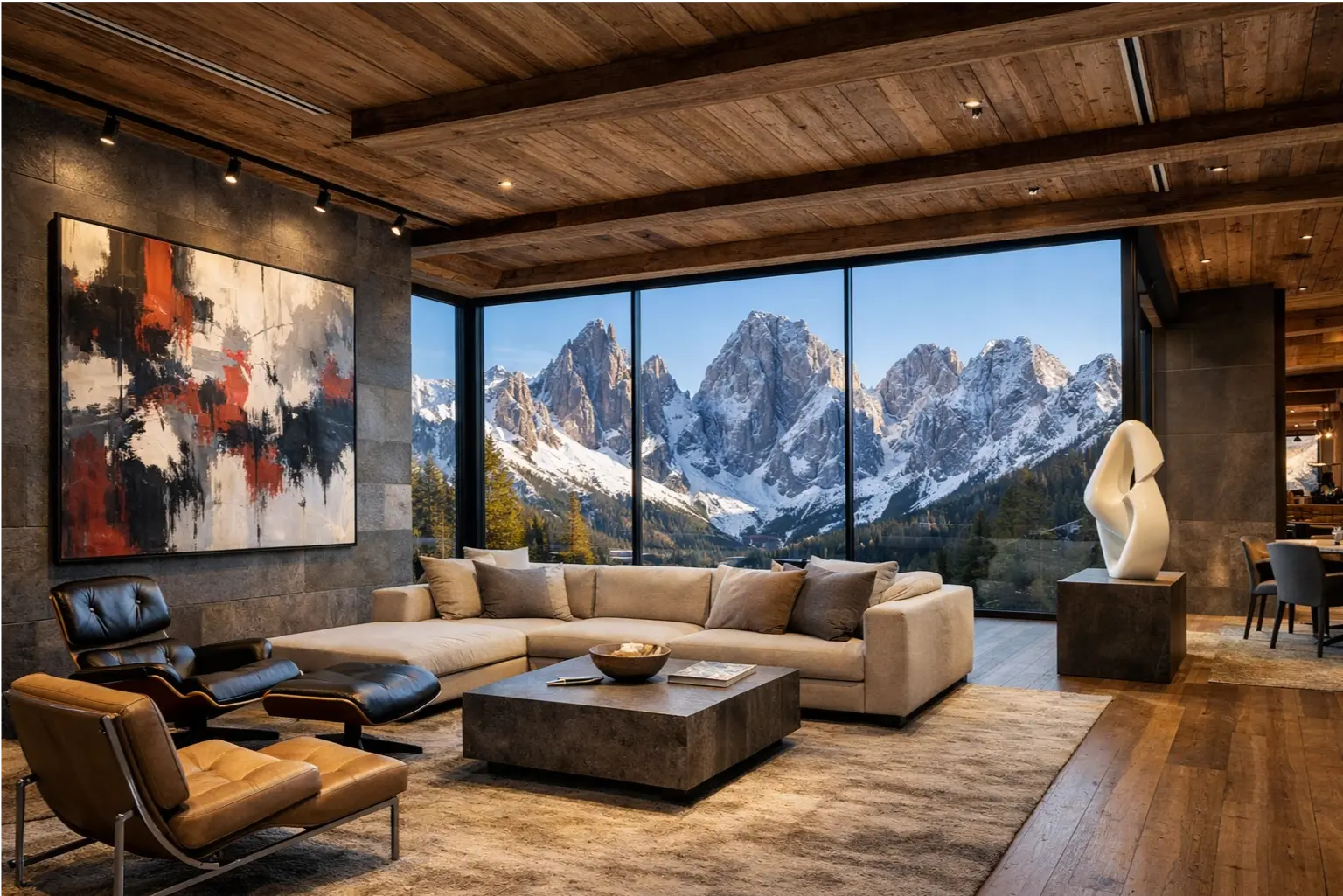 Luxury alpine chalet interior contemporary art collection climate-controlled display Dolomites mountain views
